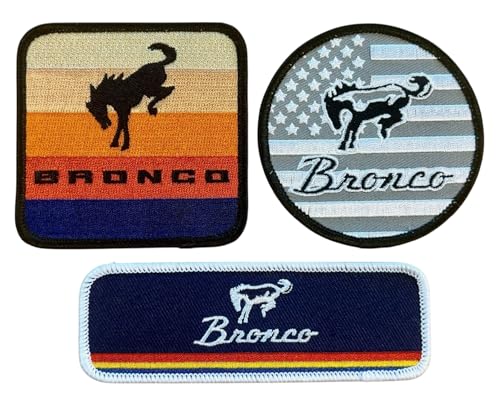 Ford Bronco Patch 3er Pack - Gestickte Retro & Flagge Heißsiegelflicken - Bügelset - Offiziell lizenziert Ford Bronco Patch 3er Pack - Gestickte Retro & Flagge Heißsiegelflicken - Bügelset - Offiziell lizenziert von Detroit Shirt Company
