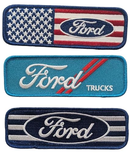 Lizenziertes Ford-Heißsiegel-Patch, 3er-Set, hergestellt in den USA, ovales Ford-Logo, ovale Sterne und Streifen und Ford Trucks-Logo, Set Nr. 1 von Detroit Shirt Company