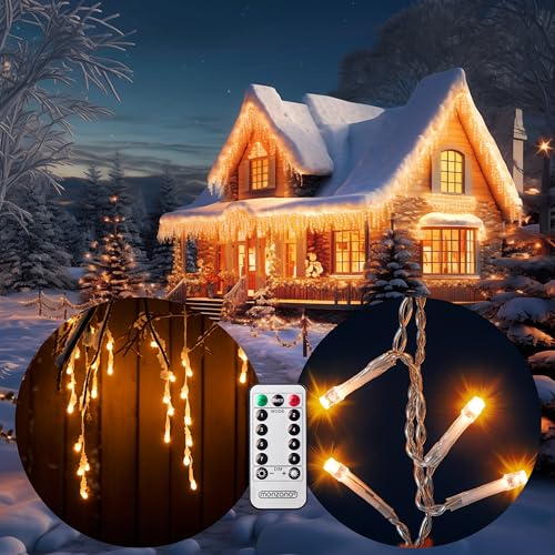 MONZANA® Lichterkette 200 LED 10m Fernbedienung 8 Leuchtmodi IP44 Innen Außen Regenlichterkette Lichtervorhang Eisregen warmweiß Weihnachtsbeleuchtung von Deuba