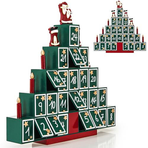 SPIELWERK® Wiederverwendbarer Adventskalender Tannenbaum zum Befüllen 24 Türchen Bunt Bemalt Weihnachten Kinder DIY weihnachtliche Holz Dekoration von Deuba