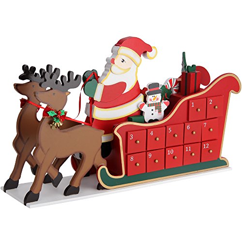 Spielwerk® Wiederverwendbarer Adventskalender Schlitten zum Befüllen 24 Türchen Bunt Bemalt Weihnachten Kinder DIY weihnachtliche Holz Dekoration von Deuba