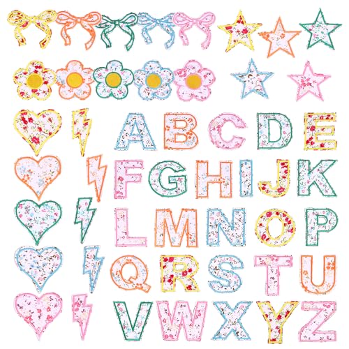 26/51 Stück Stickerei Aufnäher,Stoffflicken mit Floraler Stickerei und Selbstklebenden Buchstaben,Bunte Buchstabenflicken,Leuchtende Farben, Bügelfest,für Die Kleidungsdekoration(Dekor,51) von Deuson