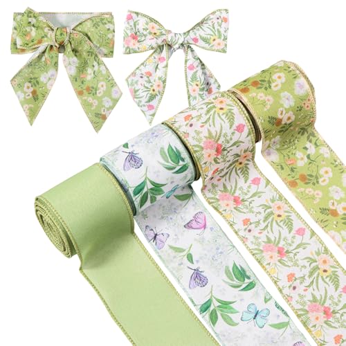 4 Stück Blumenband mit Drahtrand,20m Lang,60mm Breite,Dekoband,Retro Wildblumen Drahtbänder,Blumenbänder für Kranz Schleifen DIY Handwerk Dekoration(grün-Band 4-2,5 Zoll Breite) von Deuson