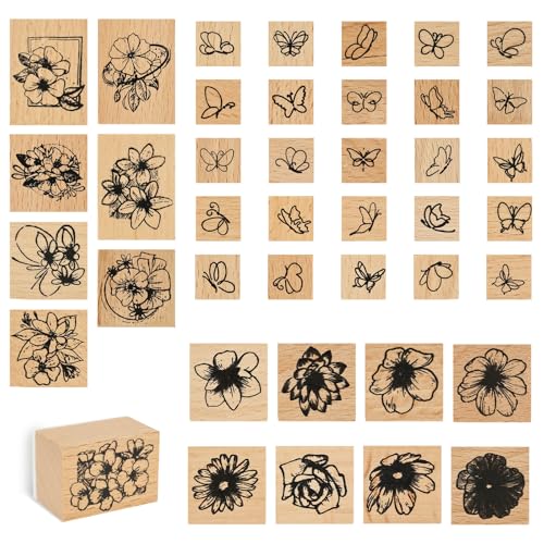 41 Stück Holzstempel,Stempelset mit Pflanzenmuster,Holzfarbe Blume Schmetterling Gummistempel,Komfortabler Griff, Wiederverwendbar,für Sammelalben,Tagebücher,Briefmarken(holzfarbe) von Deuson