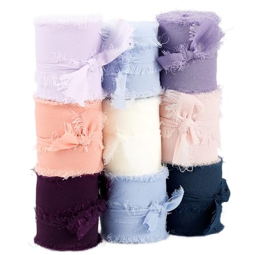 9 Stück Chiffon Schleifenband,Geschenkband,4 cm x 5 m,Chiffonband Fransen,Schleifenband Hochzeit,Mehrfarbige Dekoband,Seidenband Breit,für Hochzeitseinladungen,Brautsträuße,Dekorationen(Mehrfarbig) von Deuson