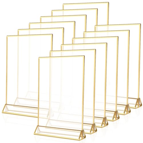 Deuson 12 Stück Schilderhalter Acryl,Tischaufsteller,transparent,doppelseitig,mit goldenem Rand,Tisch-Flyerhalter,Etikettenhalter für Zuhause,Hochzeit,Restaurant,Büro,Geschäft von Deuson