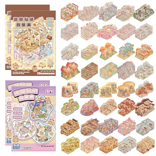 Deuson 4 Stück DIY 3D House Stickers,Miniatur Haus Sticker,Hausaufkleber Set,Sticker Scenes Book,Kreative Szene Spaß Stapeln,Stressabbau und Zeit Totschlagen,für Erwachsene und Kinder(Mehrfarbig) von Deuson