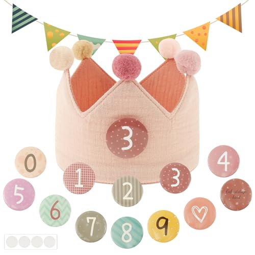 Deuson Geburtstagskrone,Krone Kindergeburtstag mit Klett-Buttons und Zahlen von 0-9,Kinderkronen für Geburtstag,Unisex Geburtstagskrone Musselin,Geschenk für Krone Kindergeburtstag(Rosa) von Deuson