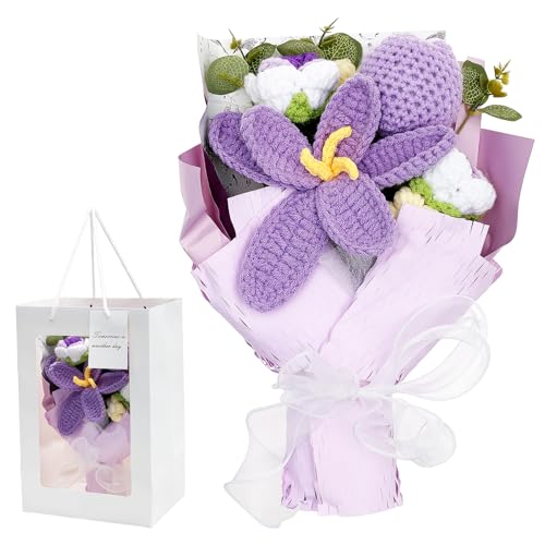 Deuson Häkel Blumenstrauß,Gestrickte Blumen,Handbuch Häkeln Blumenstrauß aus Tulpen und Rosen,Gehäkelte Blumen,Häkelblumen Buch,mit Geschenktüte Geliefert,für Jahrestage,Heimdekoration(lila) von Deuson