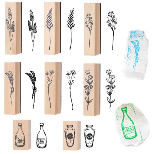 Holz Stempel, 8 Stück Vintage Holz Gummidichtung Natur Pflanzen Blumen Motive Stempel Blumen Natürlichel Pflanze Mustern Stempel zum Basteln Geschenkanhänger DIY Fotoalben Sammelalben von Devenirriche