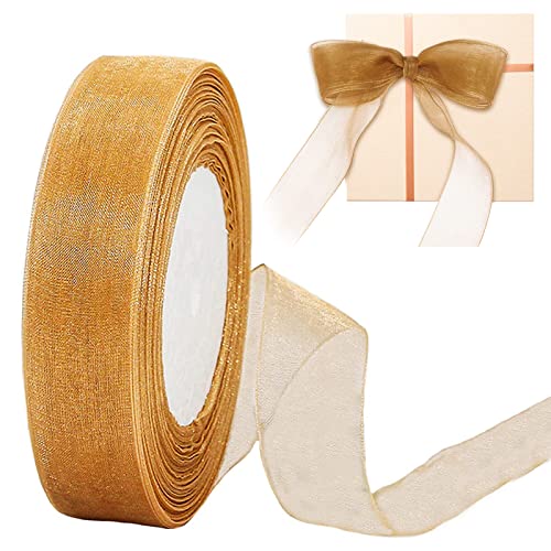 Organza Chiffon Geschenkband Leichtes Gold, 2cm x 45m Organzaband Durchscheinende Breit Schleifenband Bänder Stoffband Geschenkverpackung Stoff Band für Hochzeit, Basteln und Geburtstag Dekoration von Devenirriche