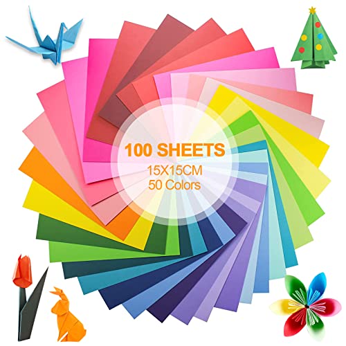 Origami Papier, 100 Blatt 50 lebhaften Farben 15 x 15 cm, Bunts Quadratisches Gefaltetes Papier für Weihnachten Origami DIY Kunst und Bastelprojekte von Devenirriche