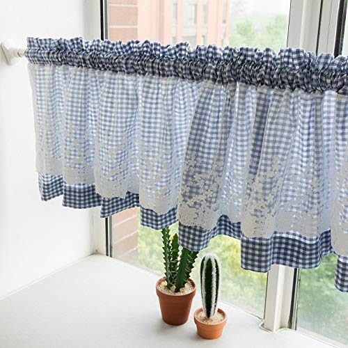 Devola Amerikanische Pastorale Vorhänge Plaid Kurzgardine Blumenmuster Stickerei Scheibengardine Halbtransparente Bistrogardine mit Spitze Romantisch Cáfe Gardine Kurzstore BxH 150x45cm Blau 1er Pack von Devola