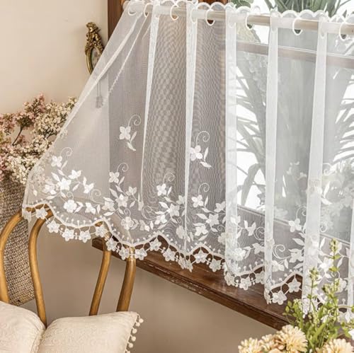 Devola Elegante Scheibengardine mit Blumenstickerei Kurzgardine Transparent Bistrogardine Romantisch Kleine Fenstergardinen Fertiggardinen Dekoration HxB 65x130cm Weiß 1 Stück von Devola