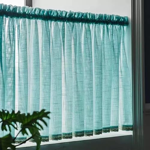 Devola Kurzgardine Leinenoptik Scheibengardinen Modern Kurz Küche Gardine Bistrogardine Halb Transparent Kleine Fenstervorhänge Kurzstore mit Stangendurchzug BxH 200x40cm Türkis 1 Stück von Devola