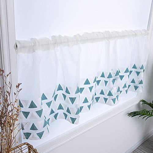 Devola Leinen-Optik Kurzgardine Dreiecksmuster Stickerei Bistrogardine Landhausstil Transparente Flächenvorhang Schiebevorhänge Cáfe Gardine Moderne Kurzstore HxB 45x120cm Blau 1er Pack von Devola