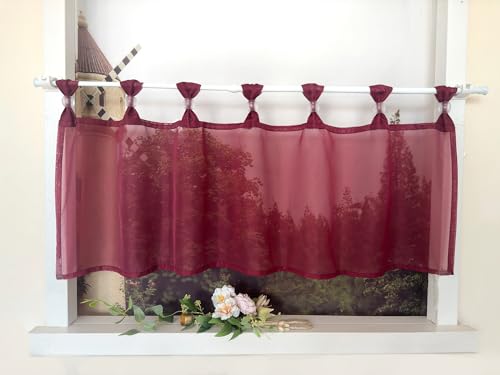 Devola Scheibengardine Einfarbig Bistrogardine Voile Kurzgardine Transparent Küchengardinen Modern mit Schlaufen Cafe Gardinen Kurzstores Gardinen HxB 30x90cm Weinrot 1 Stück von Devola