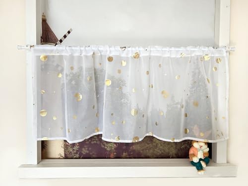 Devola Scheibengardine Voile Gardine mit Glanzdruck Bistrogardine Modern Transparent Kurzgardinen mit Stangendurchzug Küchengardinen Kurz Kleines Fenstervorhang HxB 45x90cm Gold 1 Stück von Devola