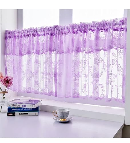 Devola Scheibengardine mit Blumen Kurzgardine Landhaus mit Spitze Kurzstore Gardinen Bistrogardine Transparent Kurze Vorhänge Landhausstil Küchenvorhang BxH 150x50cm Violett 1 Stück von Devola