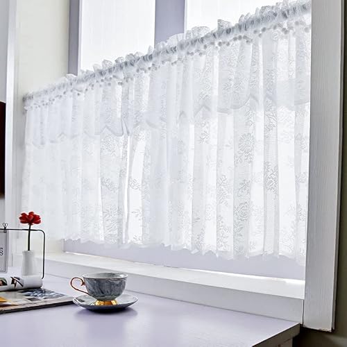 Devola Scheibengardine mit Blumen Kurzgardine Landhaus mit Spitze Kurzstore Gardinen Bistrogardine Transparent Kurze Vorhänge Landhausstil Küchenvorhang BxH 150x50cm Weiß 1 Stück von Devola