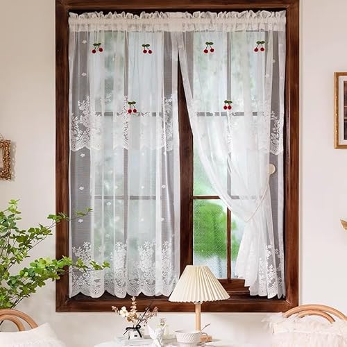 Devola Scheibengardinen Spitze Kurzgardine Landhaus Transparent Bistrogardine Blumenmuster Küchengardine Vintage Gardinen Französischer Landhausstil HxB 100x100cm Weiß 1 Stück von Devola