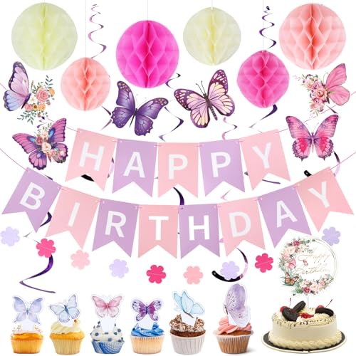 Lila Schmetterling Deko Geburtstag mit Happy Birthday Banner, Geburtstagsdeko Mädchen mit Bienenstock Kugeln und Kartendekorationen für Torten Einlegen, Geburtstag Deko für Mädchen, Kinder, Frauen von Dewdropdale