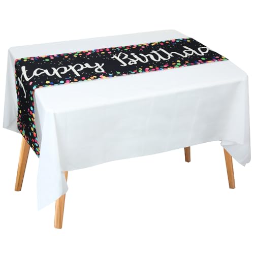 Schwarz Weiße Tischläufer Geburtstag aus Leinen mit Weißer Geburtstagstischdecke aus PEVA-Kunststoff Happy Birthday Tischdecke für Feste, Versammlungen und Partydekorationen 183 x 33cm / 183 x 137cm von Dewdropdale