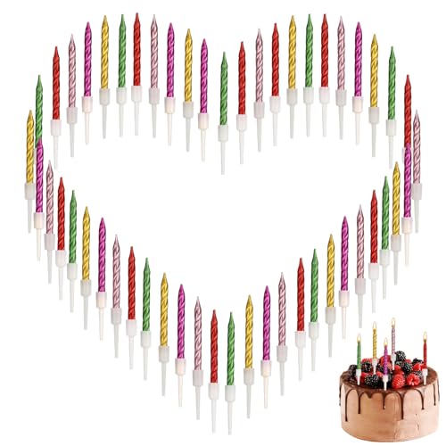 Dewfigs ㅤ 50 Stücke Geburtstagskerzen, Spiral Kuchen Kerzen Metallische Torte Geburtstagskerze mit Haltern Hochzeit, Party, Kurze Dünne Kerzen für Kuchendekoration (5 Farben) von Dewfigs ㅤ