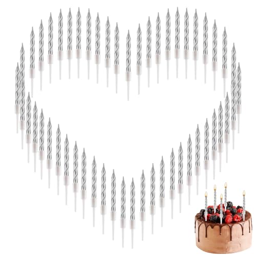 50 Stücke Geburtstagskerzen, Geburtstagskerzen Für Torte, Spiral Kuchen Kerzen Metallische Torte Geburtstagskerze mit Haltern Hochzeit, Party, Kurze Dünne Kerzen für Kuchendekoration (Silber) von Dewfigs ㅤ