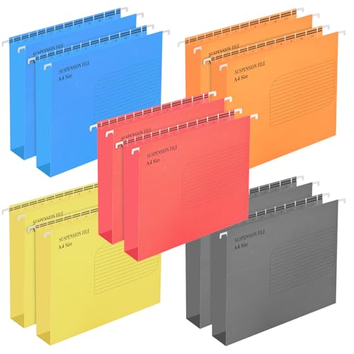 Dewocke 10 Stück Hängemappen, Polypropylen, A4 Hängemappen, Hängemappen mit Reitern und Karteneinsätzen, für Schule, Zuhause, Arbeit, Büro, Organisation (5 Farben) von Dewocke