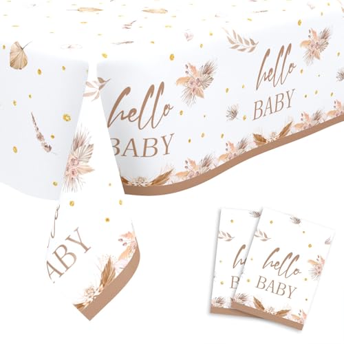 Dewocke 2 Stück Babyparty Tischdecke, Goldbraun 'Oh Baby' Tischdecke Plastik, 180 x 108cm Wasserdicht Tischdecke für Baby Shower, Babyparty Deko Mädchen Junge, Premium PEVA, Leicht zu Reinigen von Dewocke