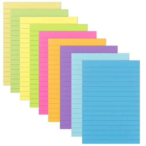 Dewocke 9 Blöcke Haftnotizen, 50 Blatt/Block, 10 x 15 cm, Leuchtende Farben, Selbstklebend, Linierte Sticky Notes für Büro, Schule und Zuhause von Dewocke