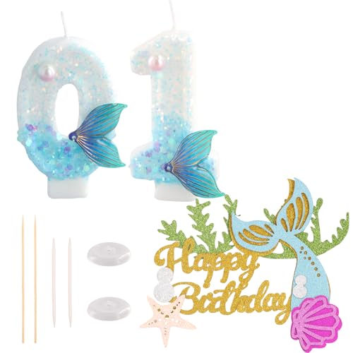 Dewocke Geburtstagskerze Zahlen 10, Kerze 10 Geburtstag Mädchen, Kuchen Topper Dekorationen, 3d Zahlenkerzen Geburtstag mit Paillettenfisch für Mädchenparty Jubiläen von Dewocke