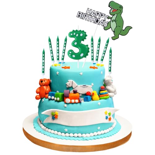 Dewocke Geburtstagskerzen Zahlen 3, 1 Dinosaurier Zahlenkerze, 8 Lange Dünne Kerzen und 1 Dinosaurier-Kucheneinsatz, Grüne Dino Geburtstagskerzen für Dino Thema Kuchendeko Party Deko (Zahlen 3) von Dewocke