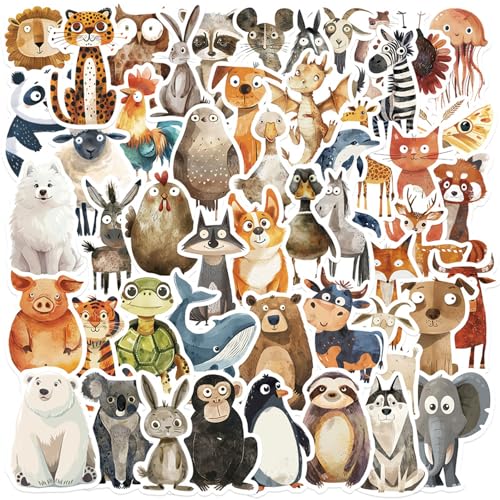 Dewocke Tier Sticker Set für Kinder, 50 Unikate Illustration Tiere Aufkleber, Belohnungsaufkleber, Vinyl Wasserfest & Robust, Universal für Laptop, Wasserflasche & mehr (Illustration Tiere B) von Dewocke