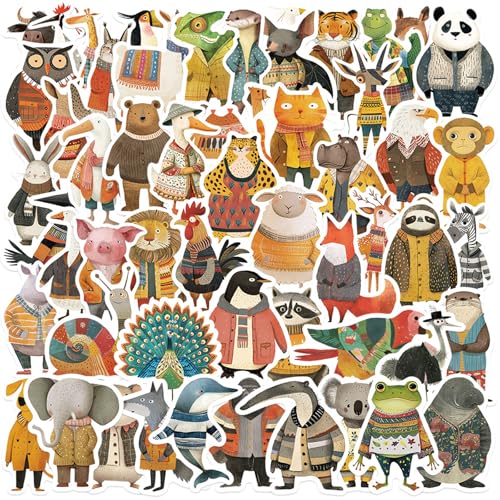 Dewocke Tier Sticker Set für Kinder, 50 Unikate Illustration Tiere Aufkleber, Belohnungsaufkleber, Vinyl Wasserfest & Robust, Universal für Laptop, Wasserflasche & mehr (Tiere im Outfit) von Dewocke