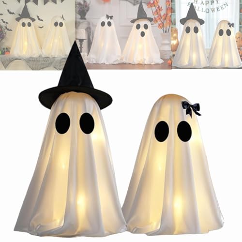 Halloween Leuchtend Geist Deko, Niedliche Geister Deko mit LED Licht, Halloween Stehender Ghosts Batteriebetriebene für Tischdeko, Kamin, Party Dekoration (A+B) von Dewppxi