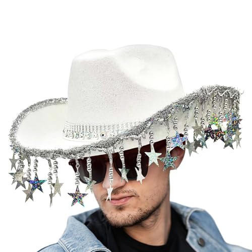 Dgayaeic Funkelnde Cowgirl-Hüte, Western-Cowboyhut, Stern-Quasten, Kopfbedeckung für Frauen, Cosplay-Zubehör, Halloween-Event von Dgayaeic
