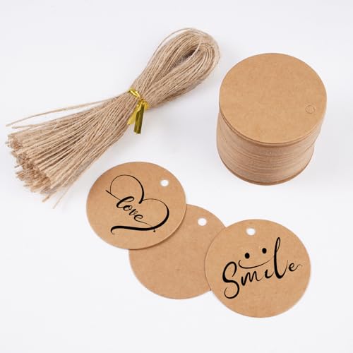 100 Stück Geschenkanhänger Kraftpapier 5 cm mit 100 Stück Juteschnur, Blanko Kraftpapier Anhänger Braun, Geschenkanhänger mit Loch für Verpacken, Hochzeiten, Partys, Preisschilder, Geschenkdeko von Dhisperares