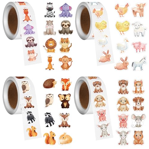 2000 Stück Runde Tier Aufkleber, 2.5cm Kinder Tier Belohnungsaufkleber, 32 Muster Animal Sticker Rolle, Aufkleber Kinder Selbstklebende, Wasserdicht Tiere Stickerrolle für Scrapbooking, DIY Handwerk von Dhisperares