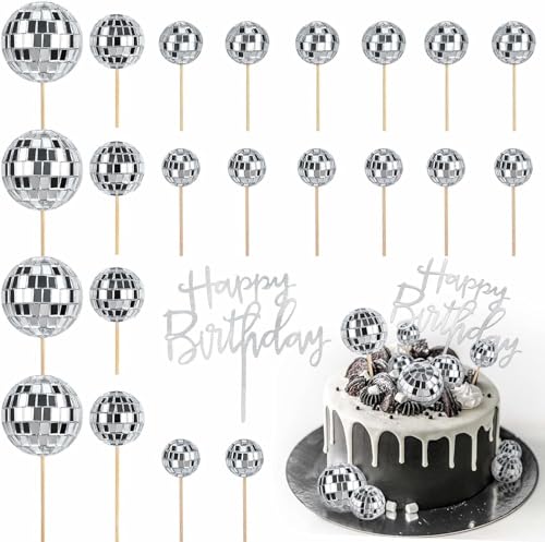 23 Stück Discokugel Kuchen Toppers Set mit Happy Birthday Topper, Mini Disco Ball Cupcake Kuchentopper Deko Deko Stern Kuchendeko für 70/80/90er Disco von Dhisperares