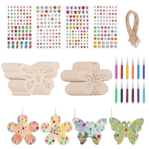 40 Stück Bastelset, Holzanhänger zum Bemalen, Bastelset Holz mit Aquarellstift & Edelsteinaufkleber und Schnur, Natürlich Osterdeko Basteln, Holzblumen zum Bemalen für DIY Handwerk, Deko, Anhänger 40 Stück Bastelset, Holzanhänger zum Bemalen, Bastelset Holz mit Aquarellstift & Edelsteinaufkleber und Schnur, Natürlich Osterdeko Basteln, Holzblumen zum Bemalen für DIY Handwerk, Deko, Anhänger von Dhisperares