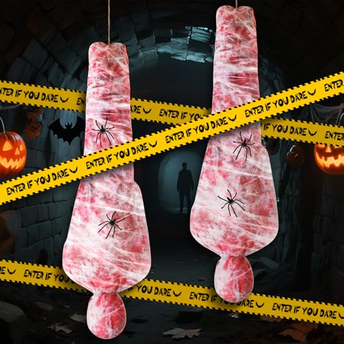 Dhnvcud 2 Stücke Halloween Leichensack Set, Hängende Aufblasbare Leiche mit Blutgaze & Spinnweben, Gruselige Dekoration für Spukhaus, Halloween Party Zuhause Garten, Wiederverwendbar von Dhnvcud