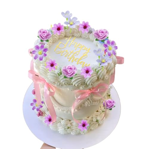 Blumen-Kuchenaufsatz, klein, lila, künstliche Blumen, 30 Stück, mit Happy Birthday-Schild, florales Kuchendekor Blumen-Kuchenaufsatz, klein, lila, künstliche Blumen, 30 Stück, mit Happy Birthday-Schild, florales Kuchendekor von DiDida