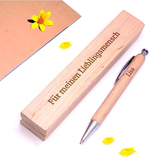 Diamandi Holz-Kugelschreiber mit Gravur inkl. Etui - Personalisiert mit Name oder Spruch - Holz Stift als Geschenk-Idee zur bestandenen Prüfung, Schulabschluss, Geburtstag (Holzstift-Lieblingsmensch) von Diamandi