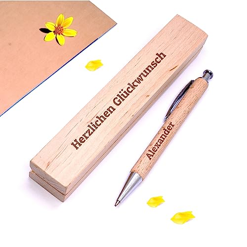 Diamandi Holz-Kugelschreiber mit Gravur inkl. Etui - Personalisiert mit Name oder Spruch - Holz Stift als Geschenk-Idee zur bestandenen Prüfung, Schulabschluss, Geburtstag von Diamandi