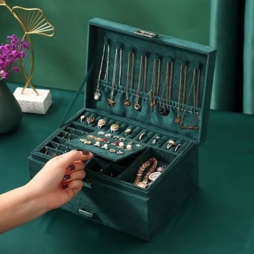 Diamer UK 1 x grüne 3-lagige Schmuckschatulle, großer Schubladenschrank aus PU-Leder, für Schmuck, Ohrringe, Halsketten, Armbänder, Ringe, Ornamente, Dekorationsartikel, kleine Gegenstände von Diamer UK