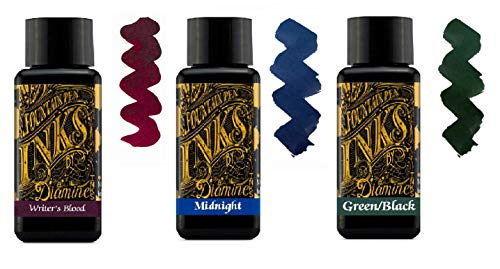 Diamine Tinte für Füllfederhalter, 30 ml, 3 Flaschen – Writers Blood & Midnight Blue & Green Black von Diamine