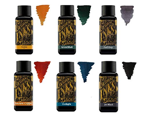 Diamine Tinte für Füllfederhalter, 30 ml, Basisfarbe, 6 Flaschen, Sepia, Green Black, Earl Grey, Ancient Copper, Twilight, Jet Black Diamine Tinte für Füllfederhalter, 30 ml, Basisfarbe, 6 Flaschen, Sepia, Green Black, Earl Grey, Ancient Copper, Twilight, Jet Black von Diamine