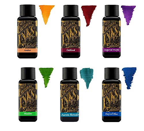 Diamine Tinte für Füllfederhalter, 30 ml, Farbpalette – 6 x Flaschen – Amber, Oxblood, Imperial Purple, Aurora Borealis, Oxford Blue, Meadow von Diamine